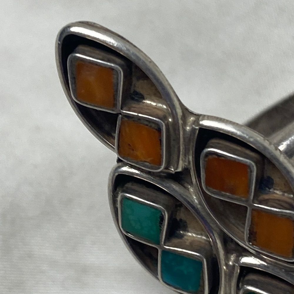 Vintage Southwestern Navajo Turquoise Coral & Sterling Silver Old Pawn Ring - Picture 10 of 14